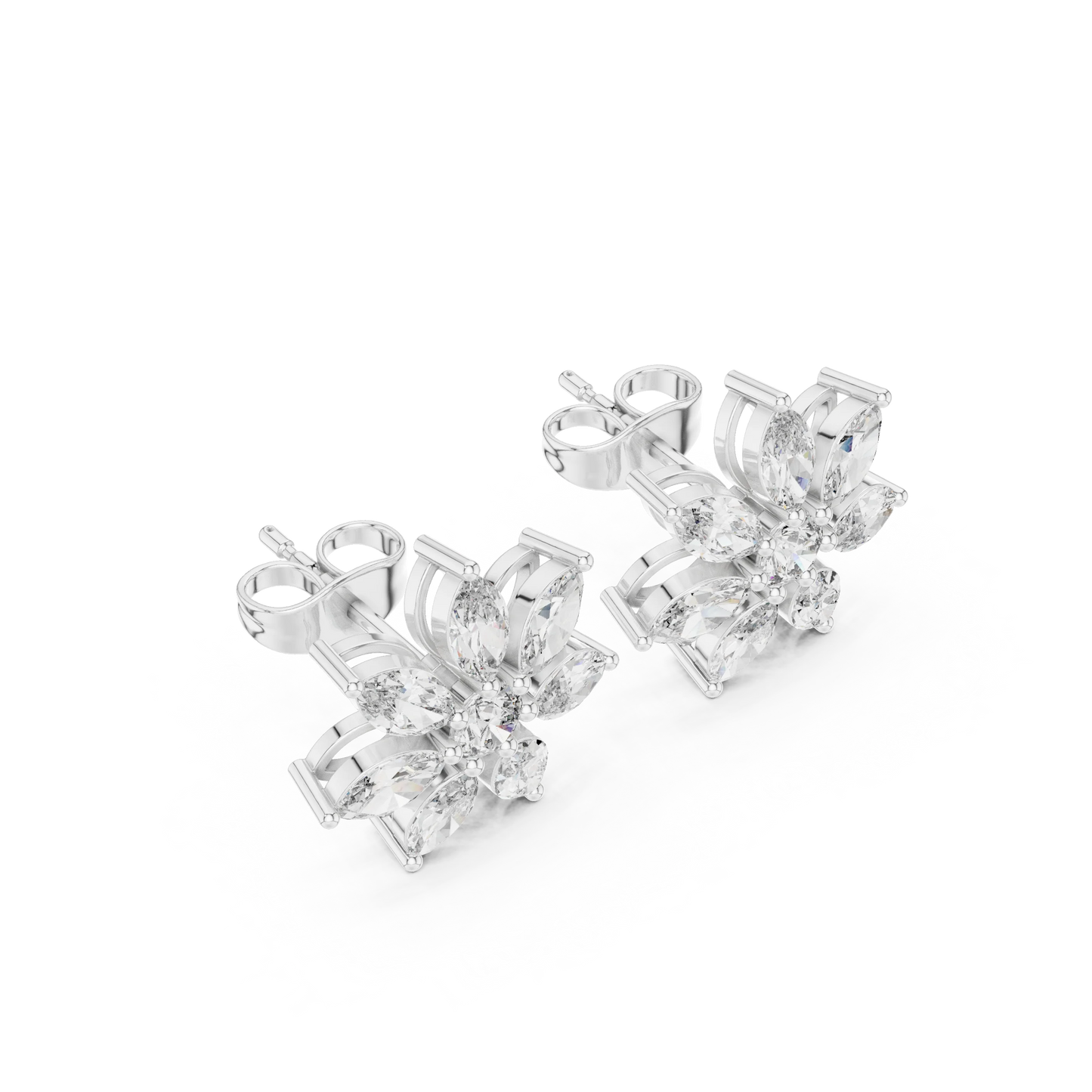 Marquise and Round Diamond Flower Cluster Stud Earrings