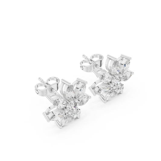 Marquise and Round Diamond Flower Cluster Stud Earrings