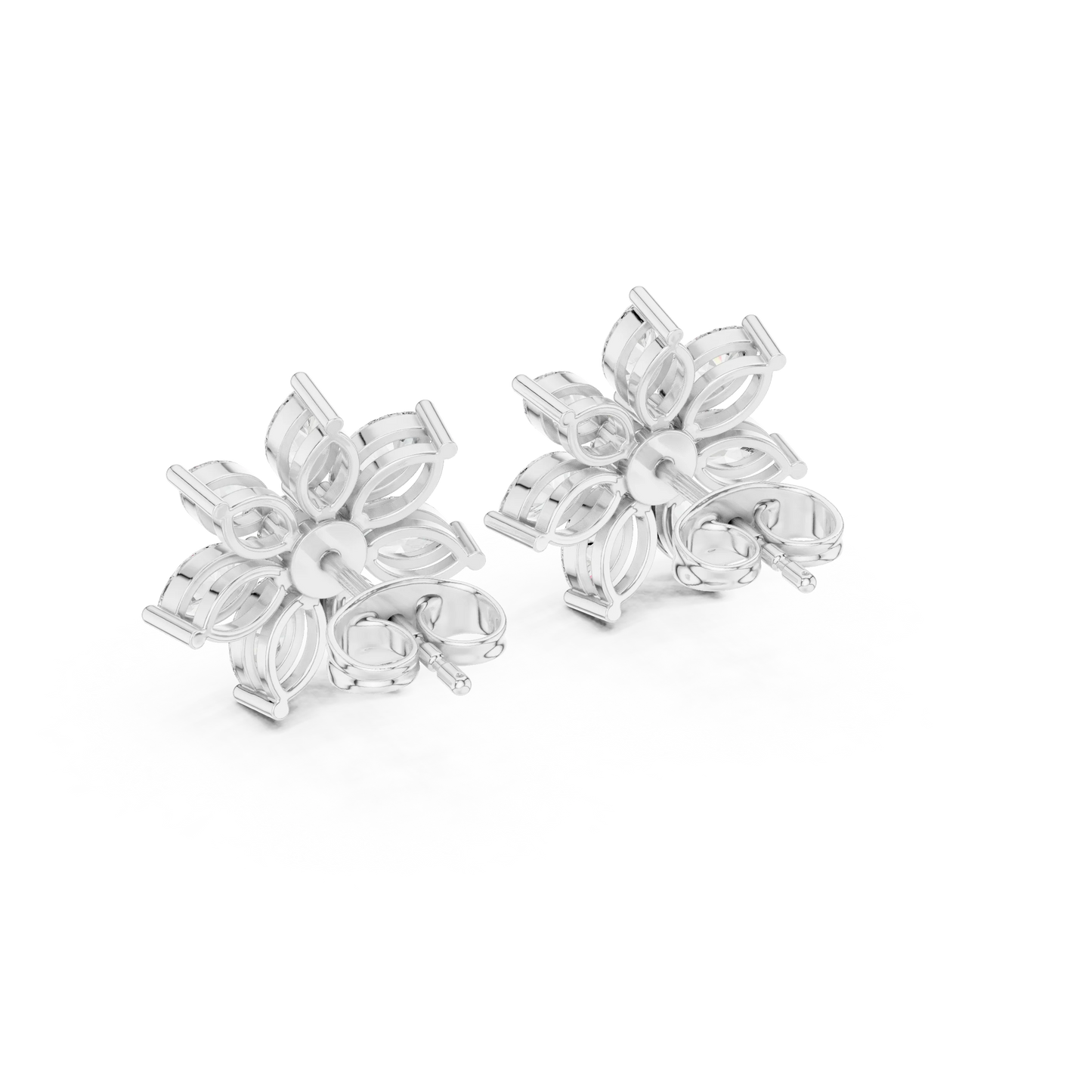 Marquise and Round Diamond Flower Cluster Stud Earrings