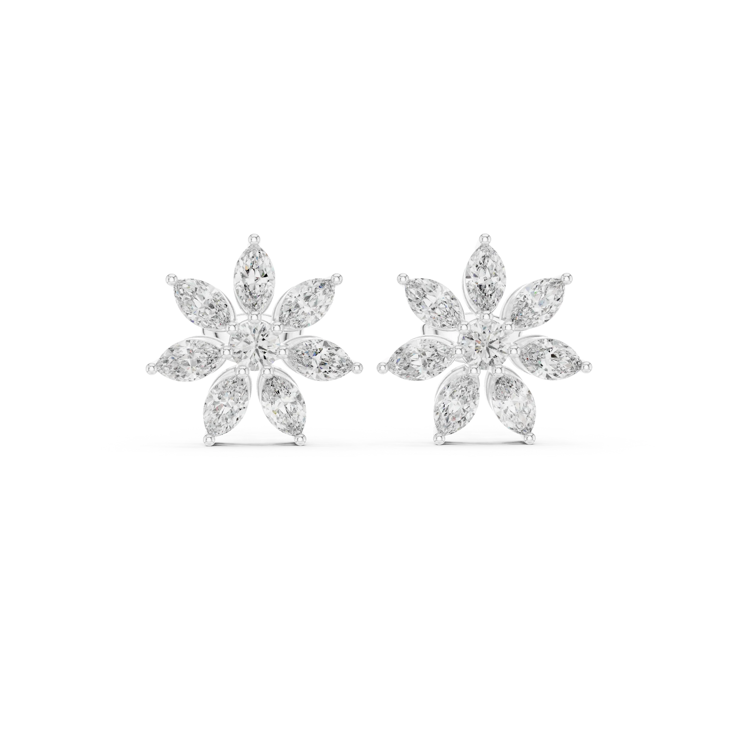 Marquise and Round Diamond Flower Cluster Stud Earrings