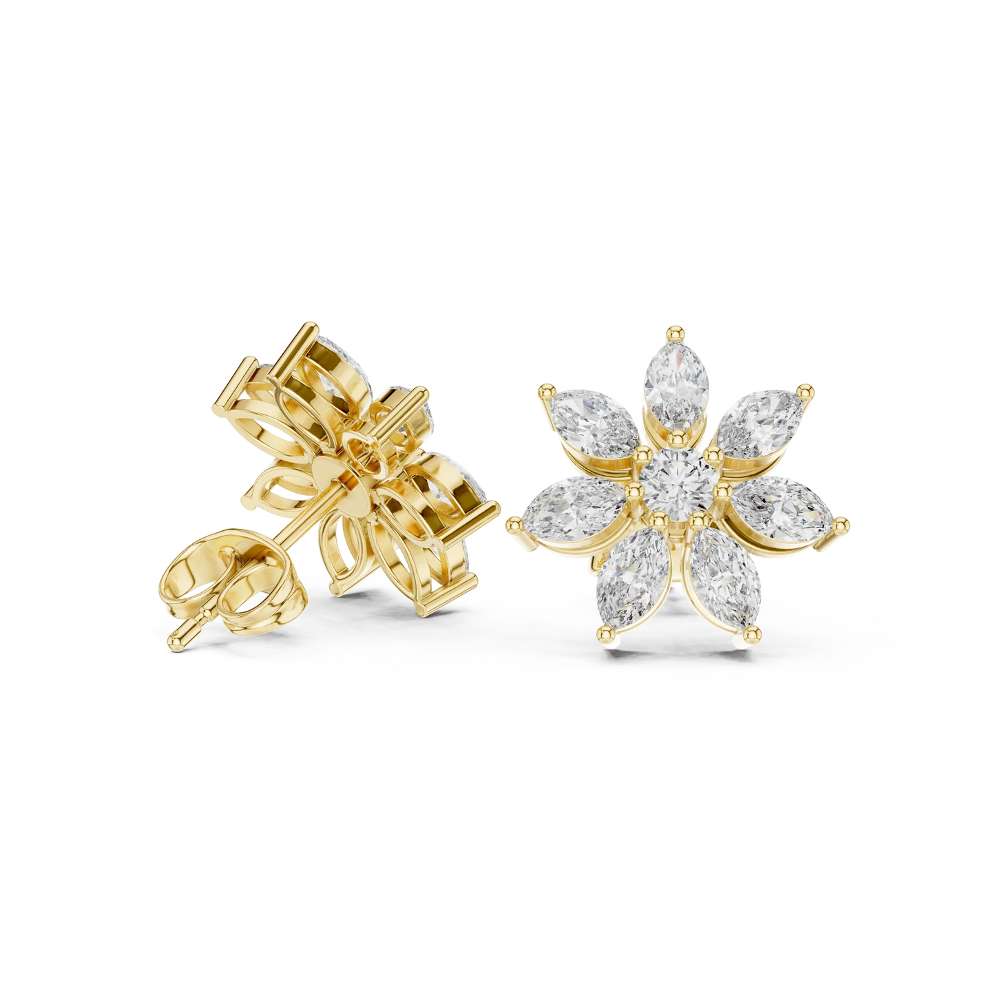 Marquise and Round Diamond Flower Cluster Stud Earrings