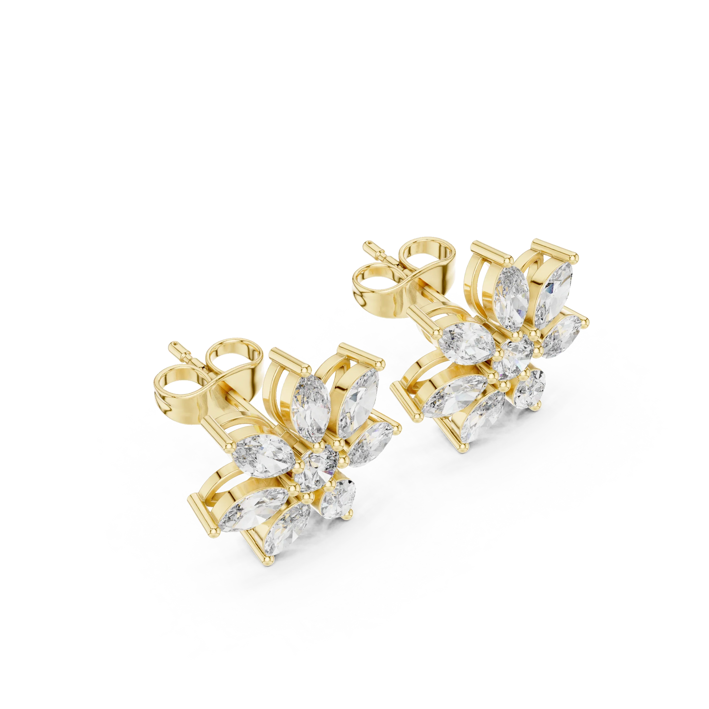 Marquise and Round Diamond Flower Cluster Stud Earrings