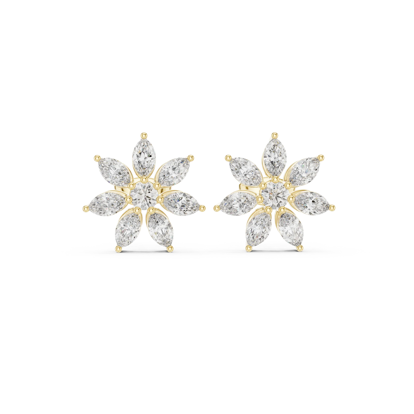 Marquise and Round Diamond Flower Cluster Stud Earrings