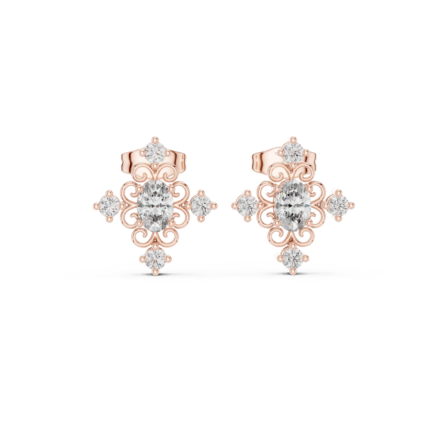 Vintage Oval Diamond Floral Stud Earrings