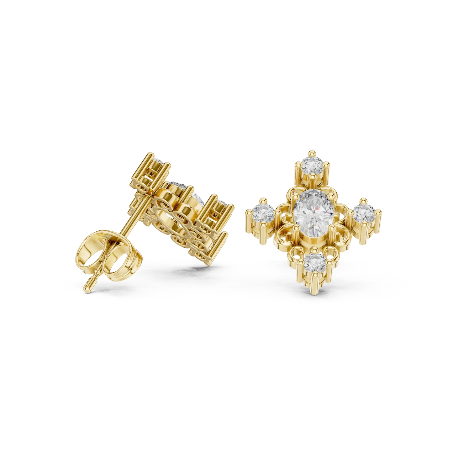 Vintage Oval Diamond Floral Stud Earrings