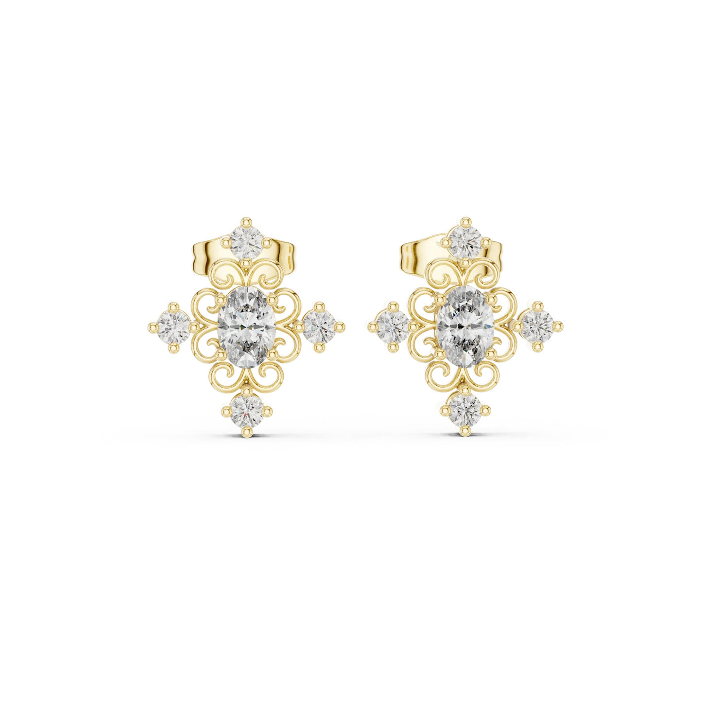 Vintage Oval Diamond Floral Stud Earrings