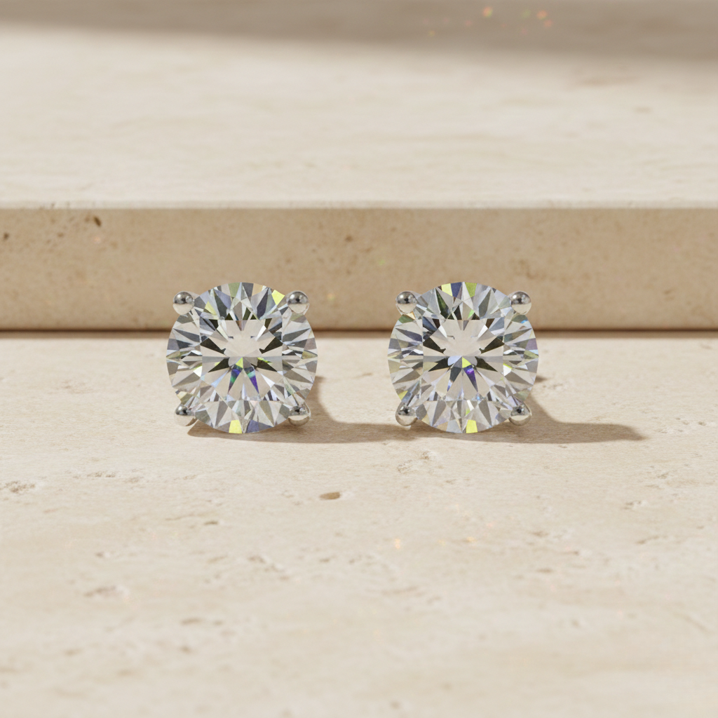 Yellow Gold Round Diamond Stud Earrings