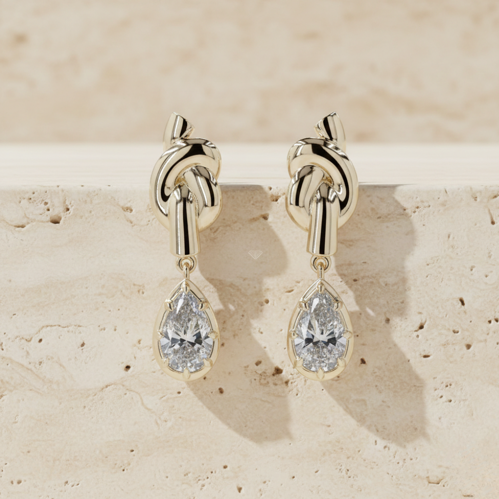 Yellow Gold Pear Diamond Knot Earrings