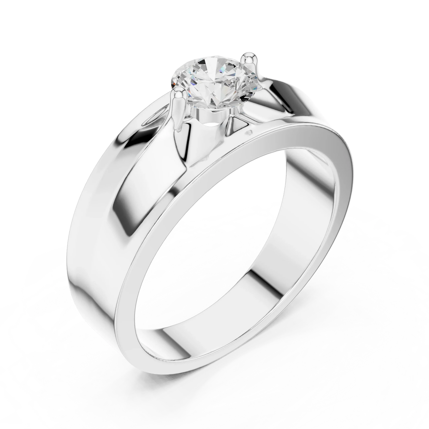 Round Diamond Cathedral Solitaire Ring with Wide Band
