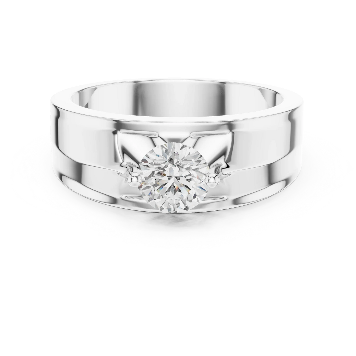 Round Diamond Cathedral Solitaire Ring with Wide Band