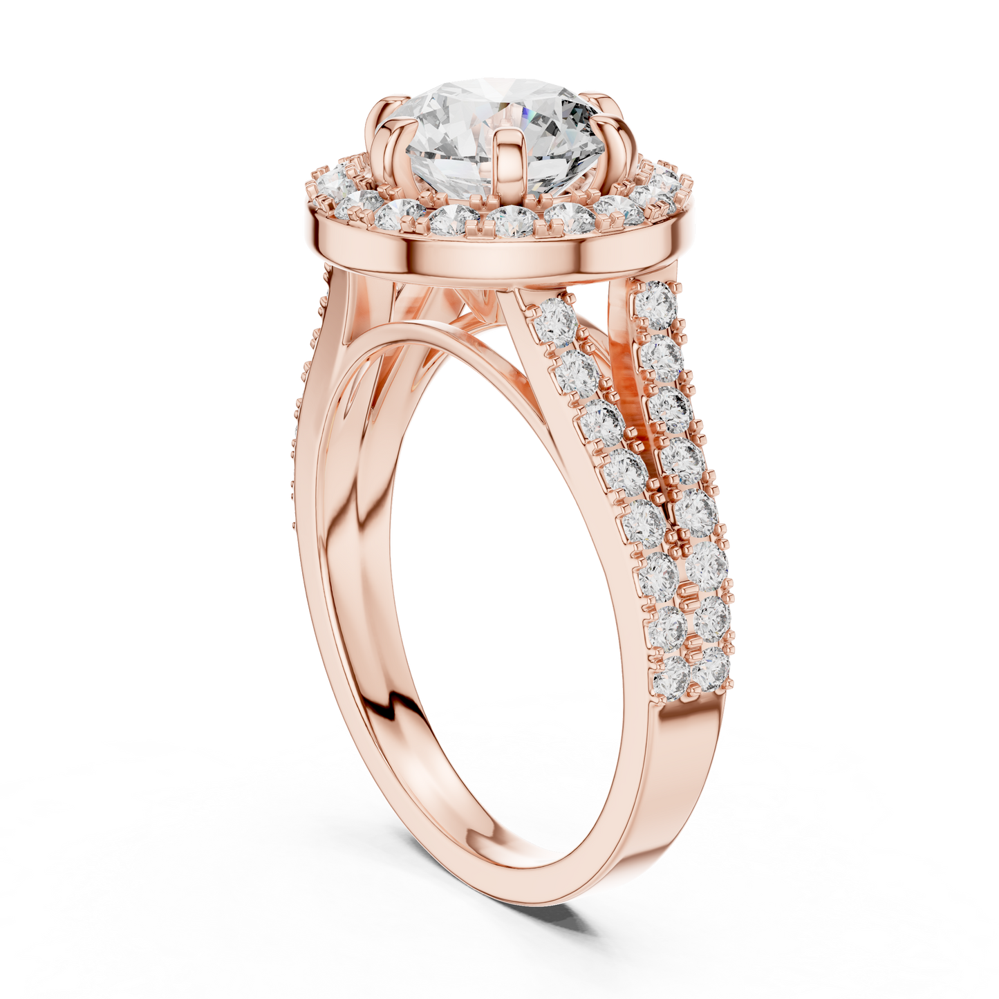 Round Halo Split Shank Engagement Ring