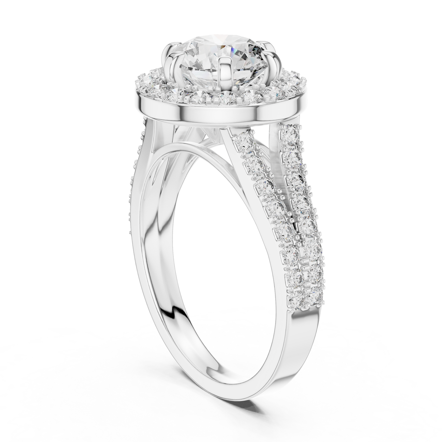 Round Halo Split Shank Engagement Ring