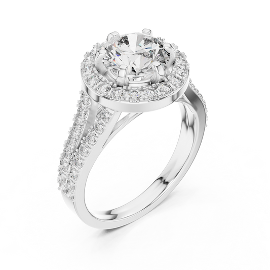 Round Halo Split Shank Engagement Ring