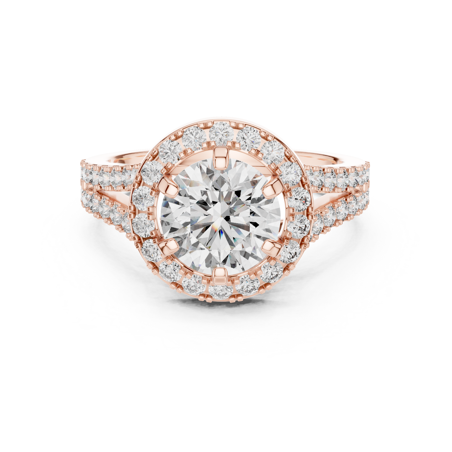 Round Halo Split Shank Engagement Ring