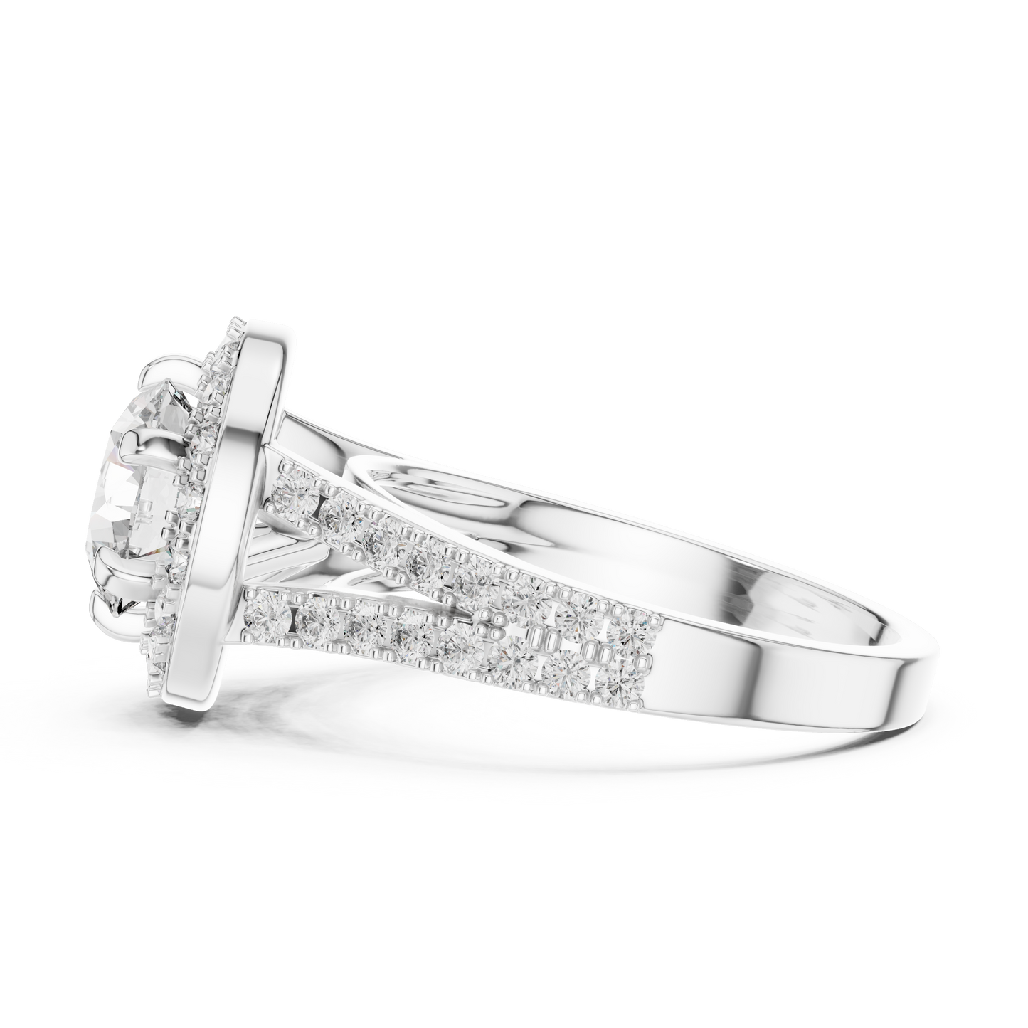 Round Halo Split Shank Engagement Ring