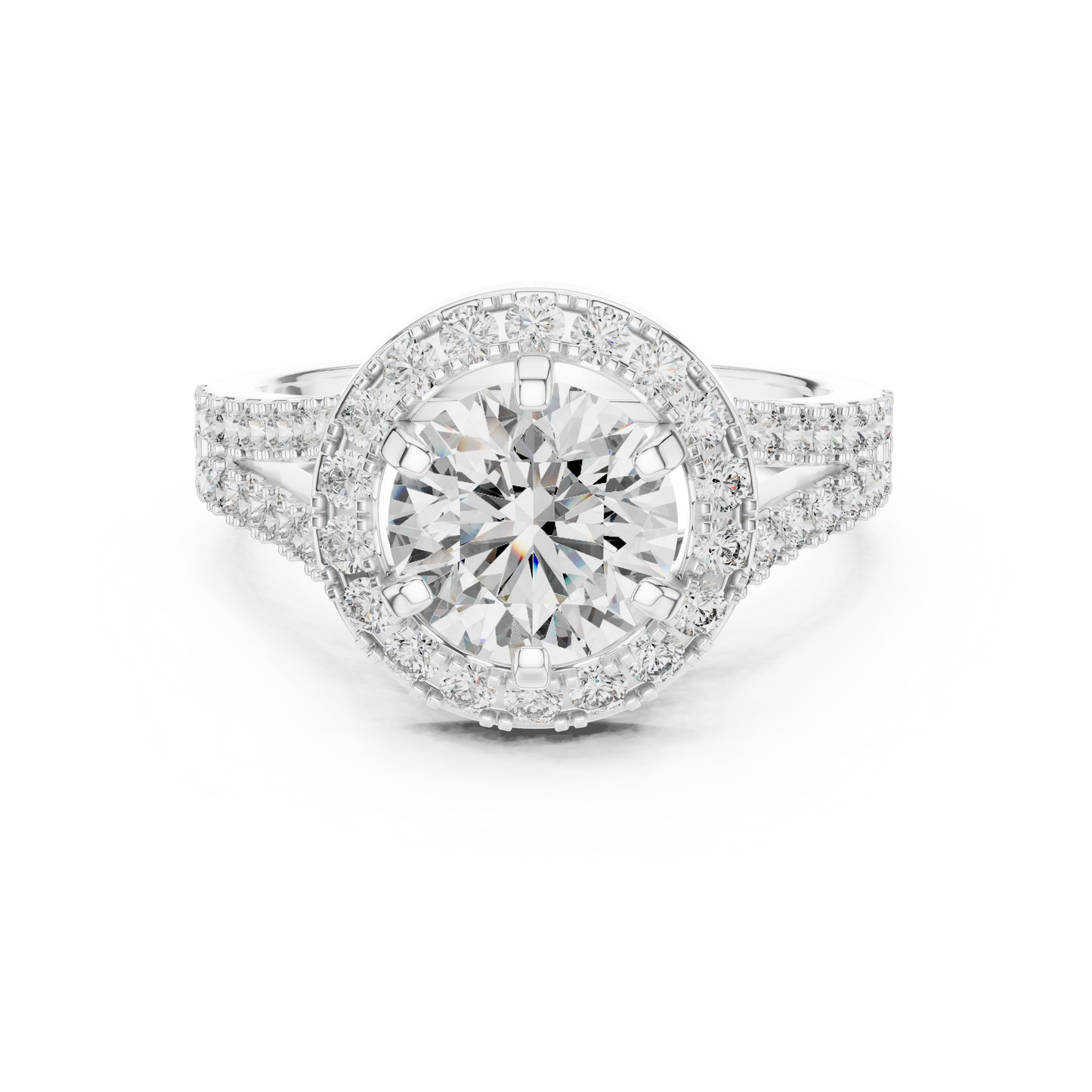 Round Halo Split Shank Engagement Ring