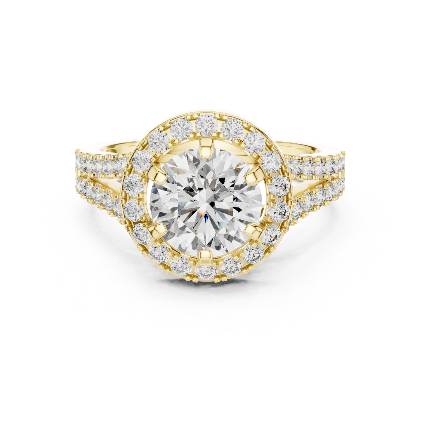 Round Halo Split Shank Engagement Ring