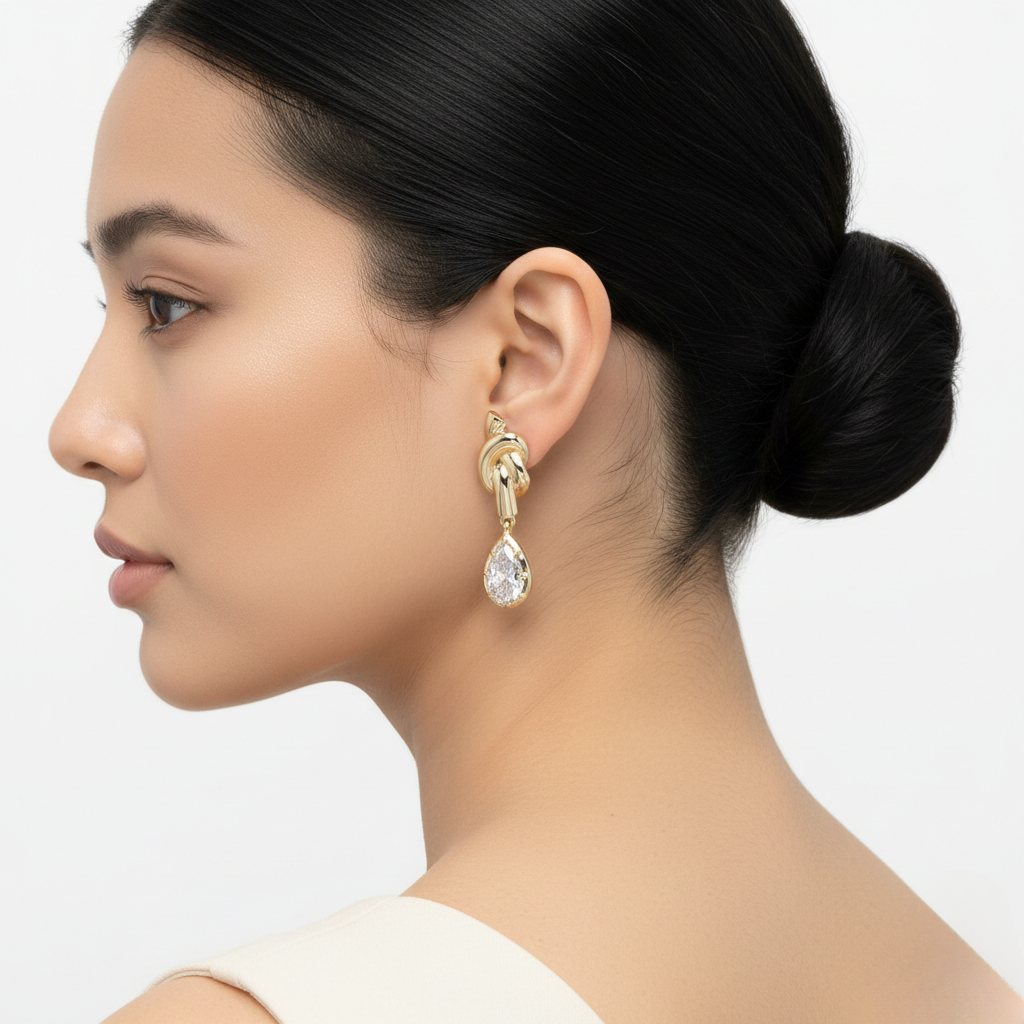 Yellow Gold Pear Diamond Knot Earrings