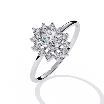 Snowflake Oval Engagement Ring | Delicate Starburst Halo Design