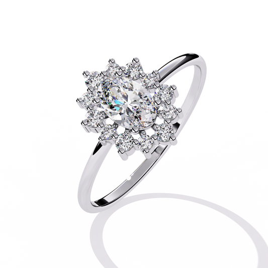 Snowflake Oval Engagement Ring | Delicate Starburst Halo Design