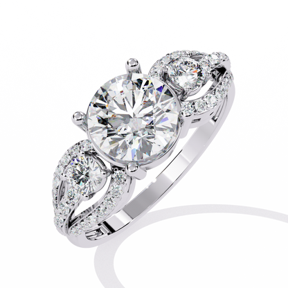 Classic Three Stone Diamond Ring | Elegant Split Shank with Halo Accents