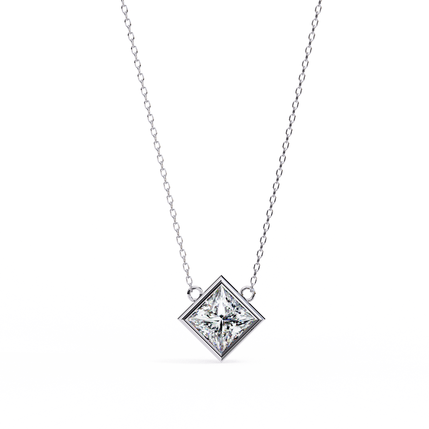 Bezel Set Princess Cut Solitaire Necklace | Floating Square Pendant