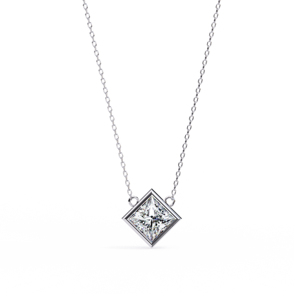 Bezel Set Princess Cut Solitaire Necklace | Floating Square Pendant