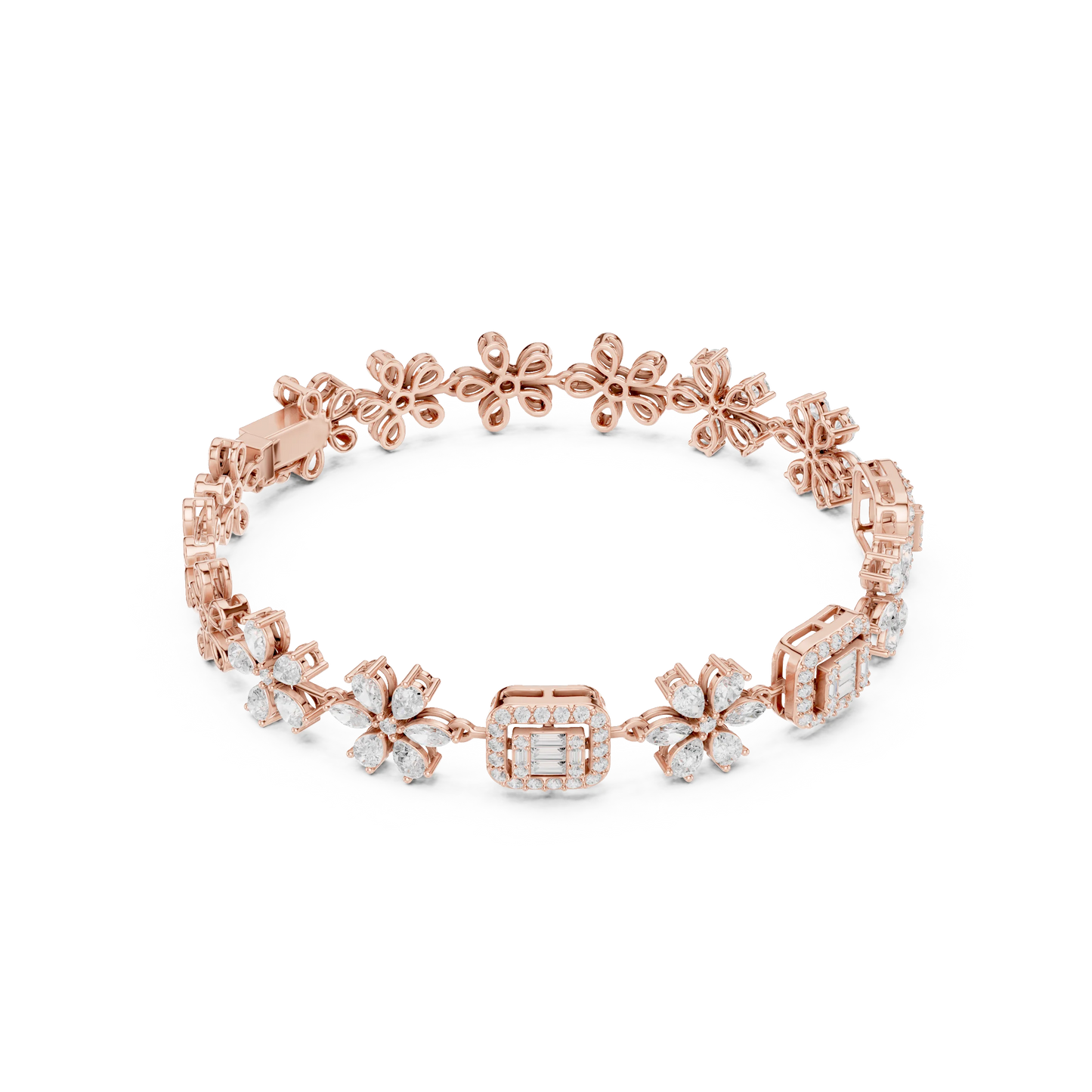Floral and Baguette Cluster Diamond Tennis Bracelet