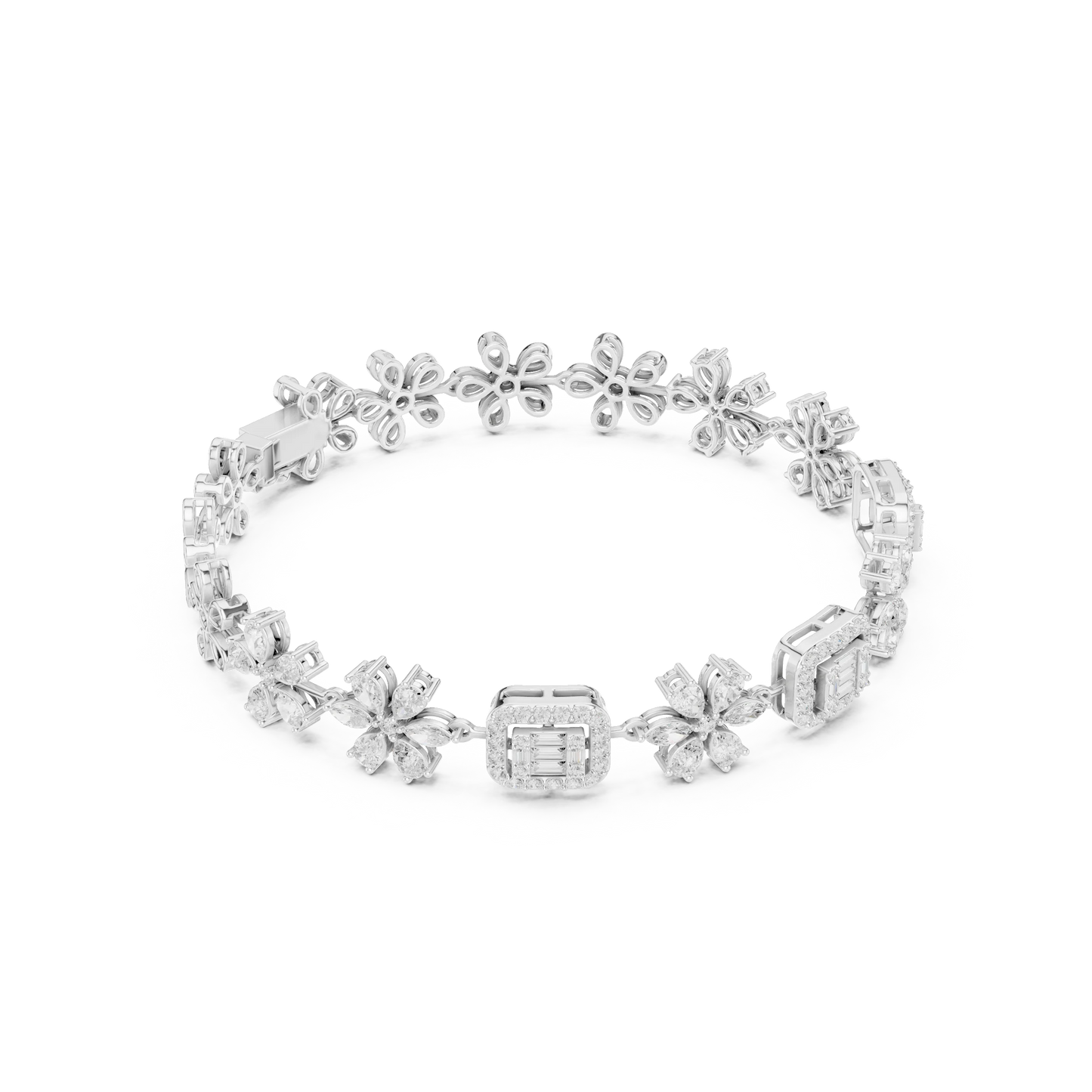 Floral and Baguette Cluster Diamond Tennis Bracelet