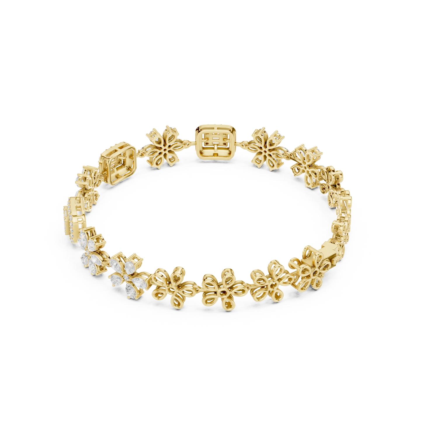 Floral and Baguette Cluster Diamond Tennis Bracelet