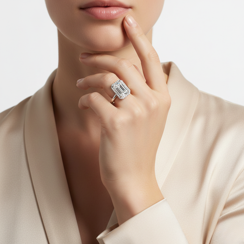 White Gold Emerald Diamond Halo Ring