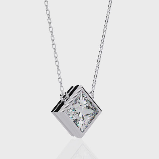 Bezel Set Princess Cut Solitaire Necklace | Floating Square Pendant