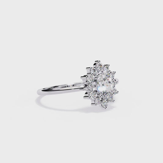 Snowflake Oval Engagement Ring | Delicate Starburst Halo Design